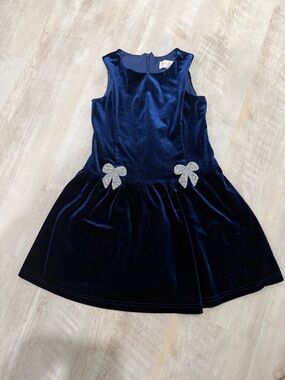 Biscotti Navy Velvet Dress with Silver Bow Accents